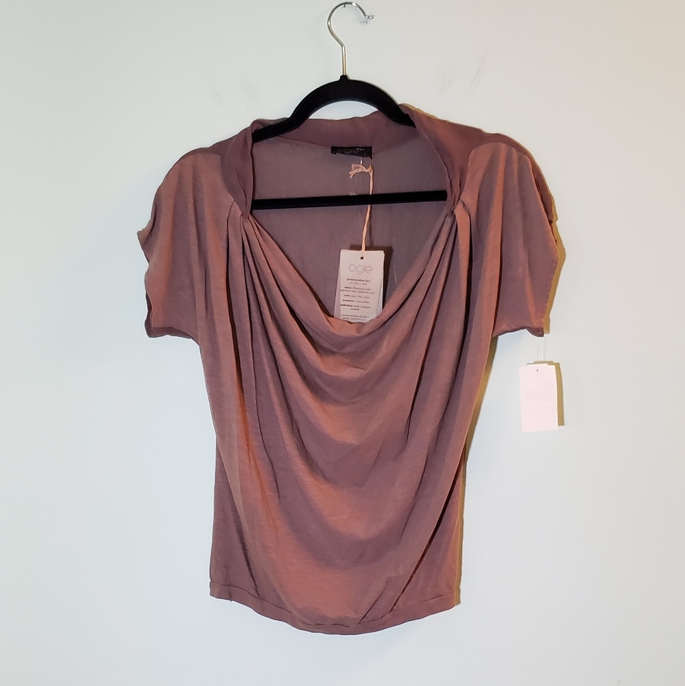 Ogle Draped Tan Blouse with Sheer Back for Casual Work or Evening Events